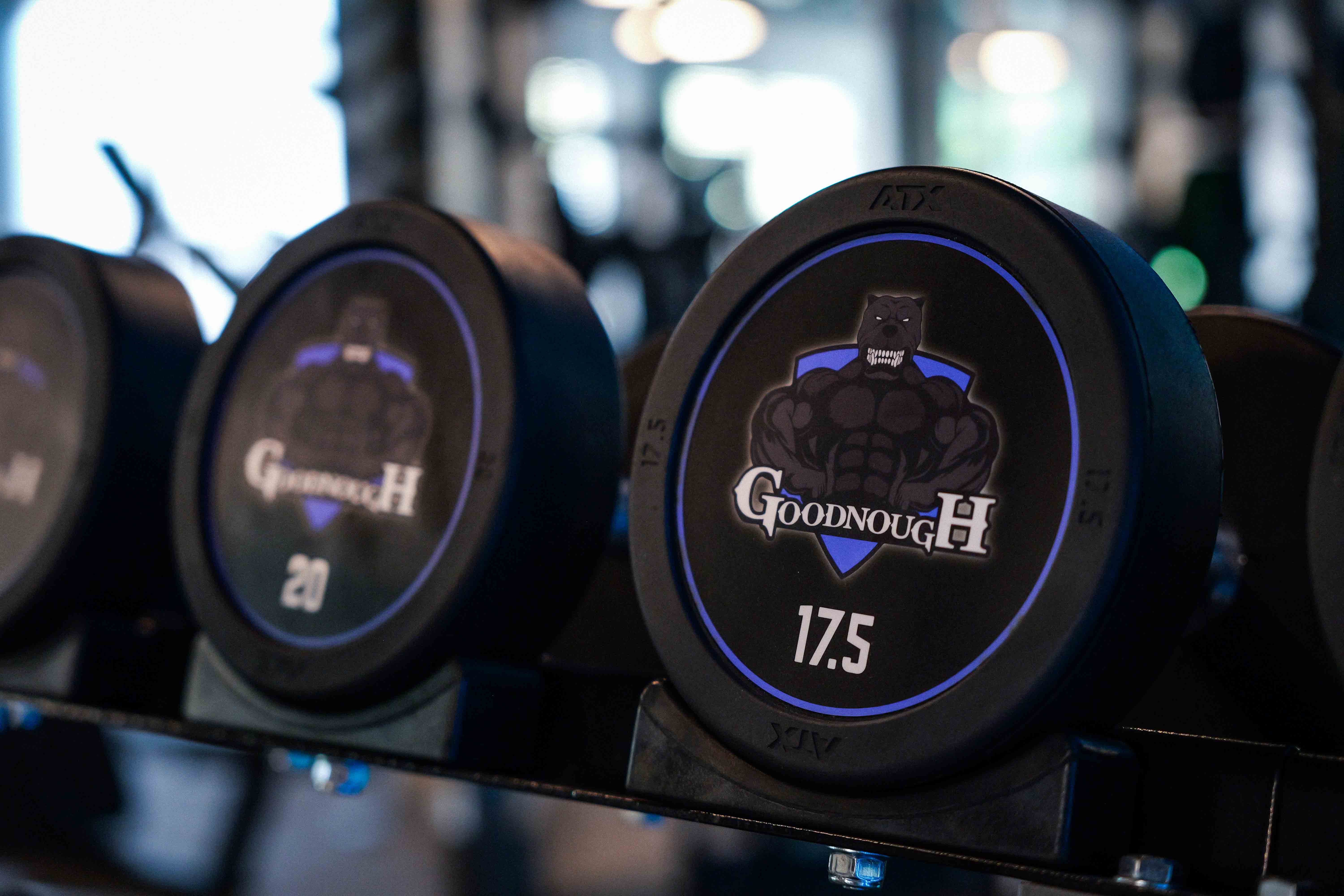 Nahaufnahme einer 17,5 kg Hantel mit Goodnough-Logo im Fitnessstudio.