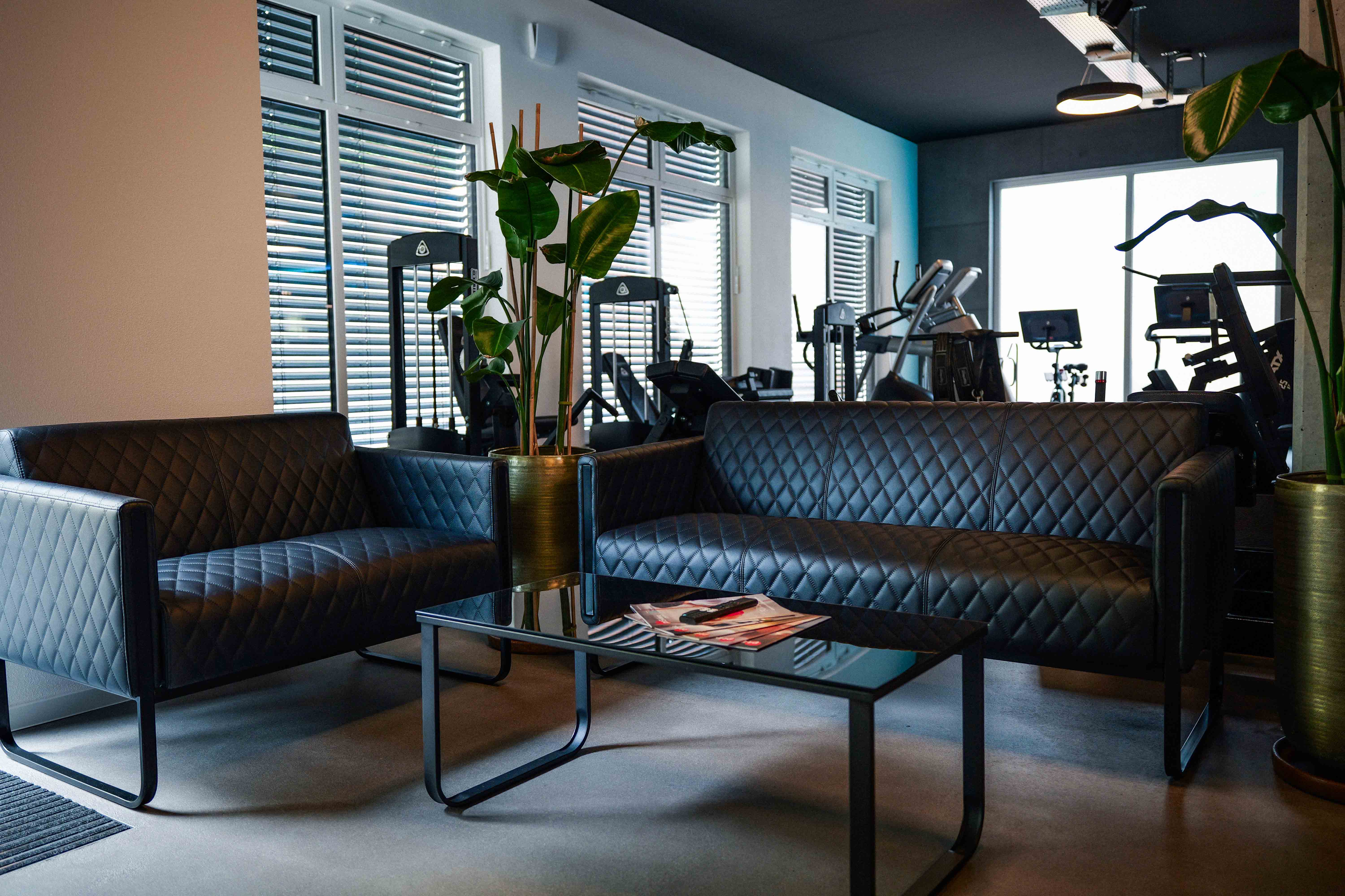 Moderne Lounge mit schwarzen Ledersofas, Glastisch, grünen Pflanzen und Fitnessgeräten im Hintergrund.