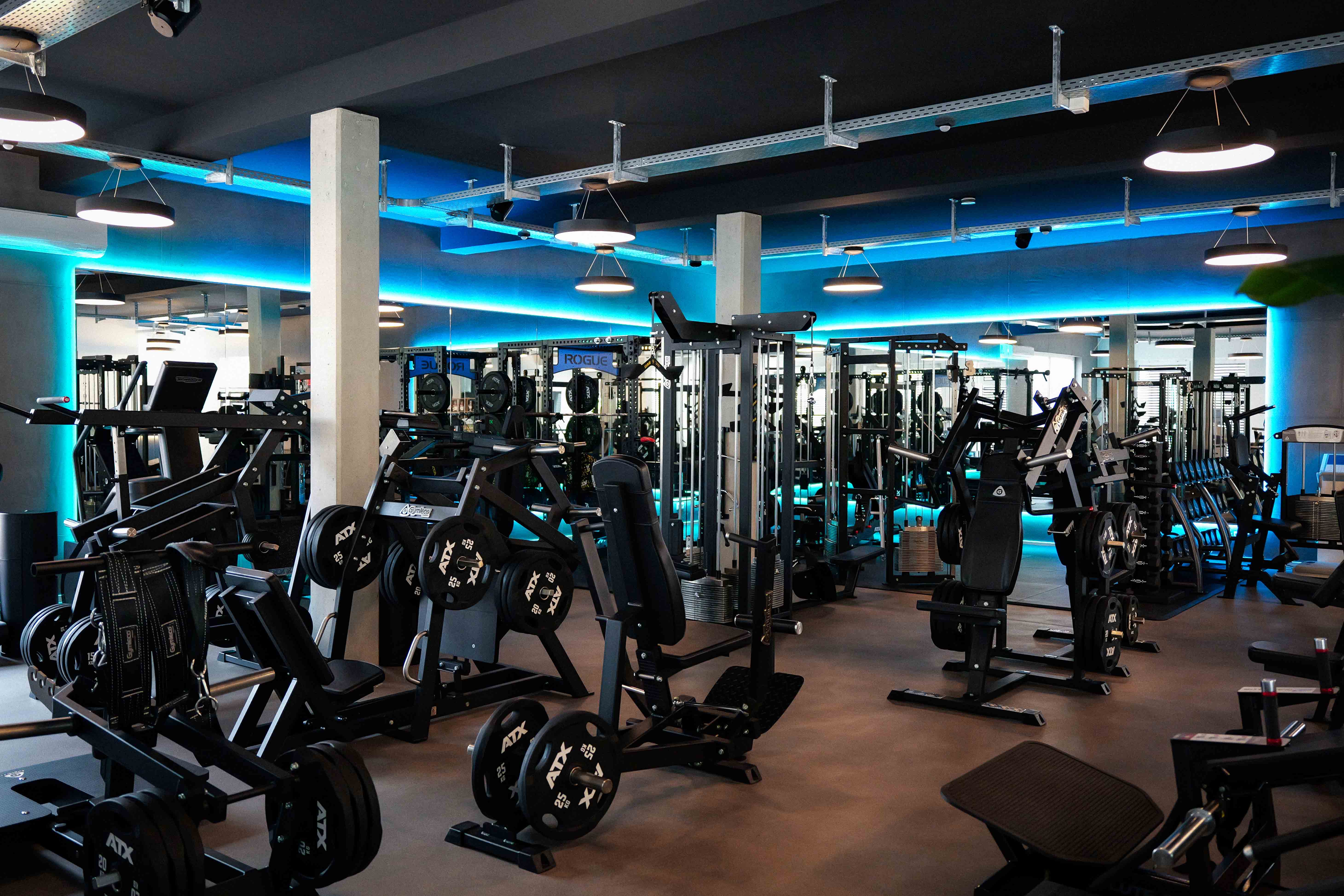 Moderner Fitnessraum mit zahlreichen schwarzen Krafttrainingsgeräten und blauer LED-Beleuchtung.