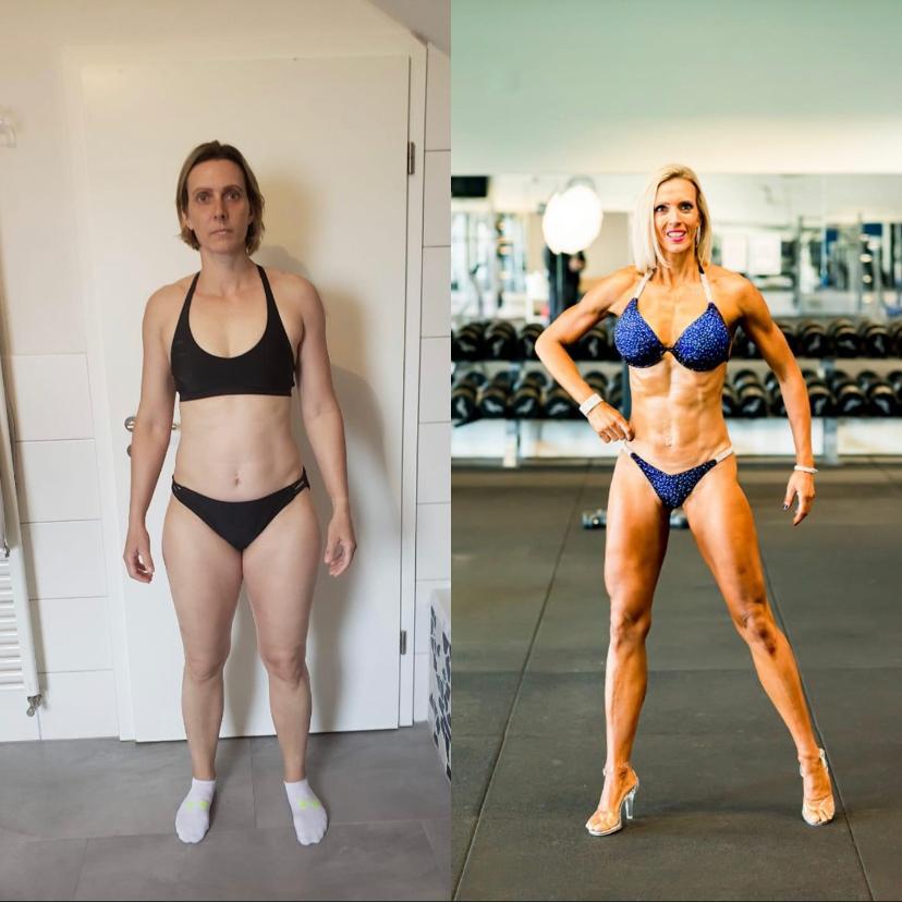 Vorher-nachher-Bild einer Frau in Badebekleidung, links untrainiert, rechts muskulös im Fitnessstudio.