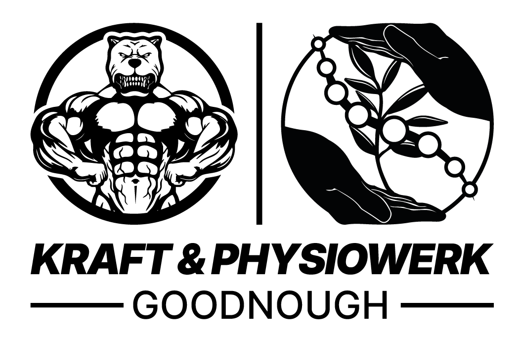Logo mit muskulösem Bärenkörper und Händen, die einen Ast mit Blättern und Kugeln halten, Kraft & Physiowerk Goodnough.